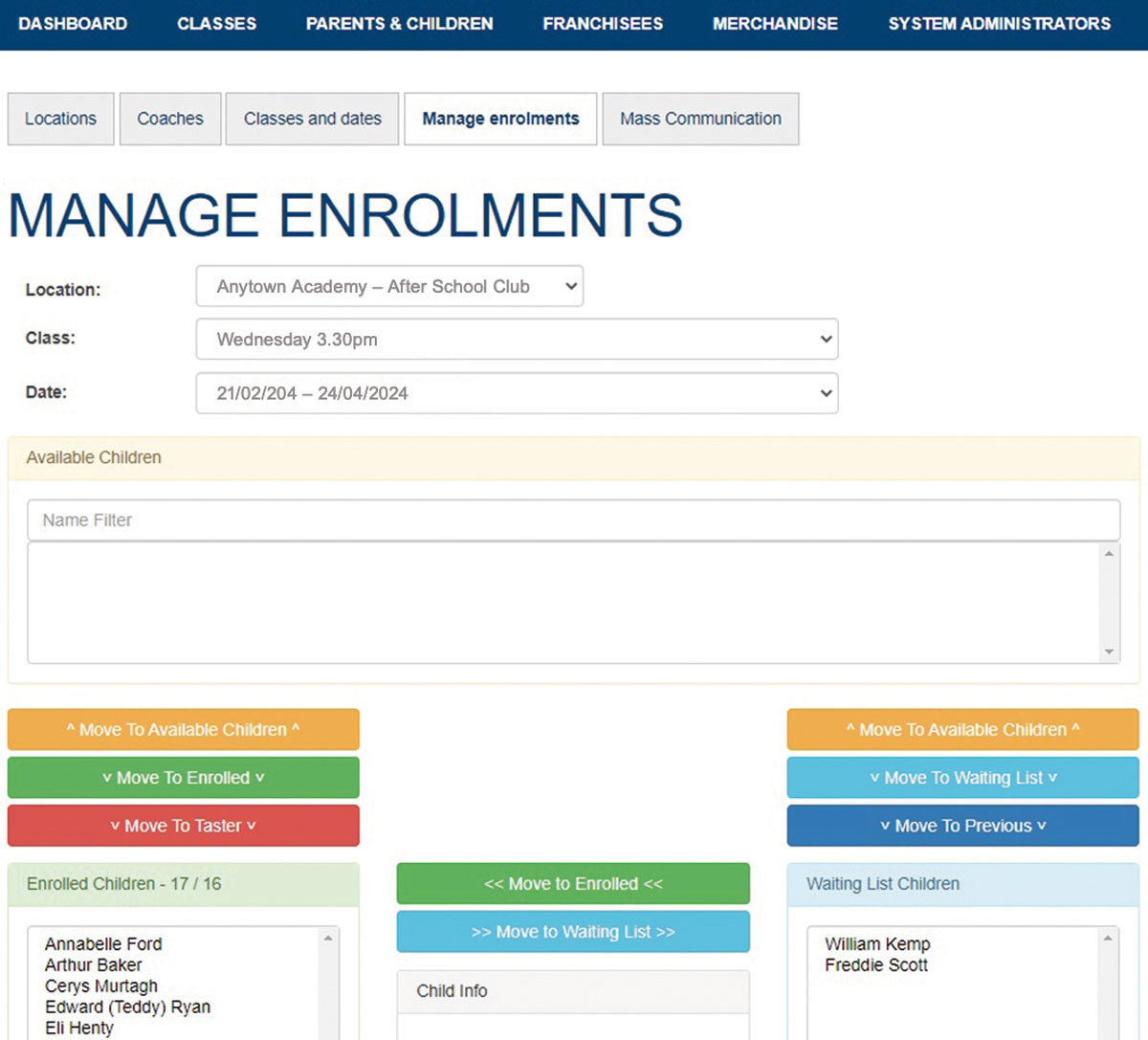 Screenshot of the RugbyKids booking system