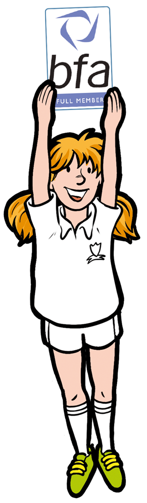 Cartoon of a school pupil holding the British Franchise Association logo